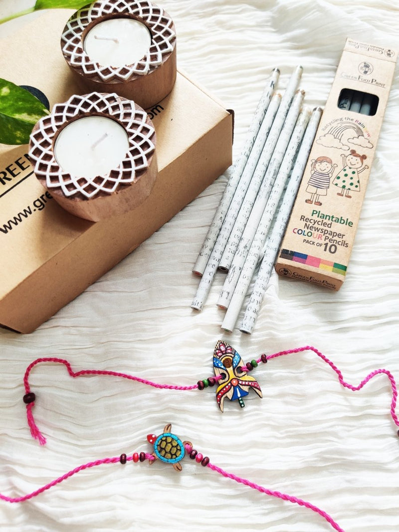 Buy Rakhi Gift hamper | Handmade Bamboo Rakhi for brother | Wooden Diyas and Plantable Colour pencils | Shop Verified Sustainable Rakhi on Brown Living™