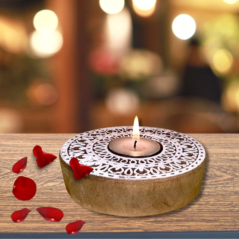 Buy Rangoli Wooden T- Light Holder with a pack of 6 soywax t- light candles | Shop Verified Sustainable Candles & Fragrances on Brown Living™