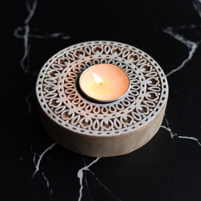 Buy Rangoli Wooden T- Light Holder with a pack of 6 soywax t- light candles | Shop Verified Sustainable Candles & Fragrances on Brown Living™