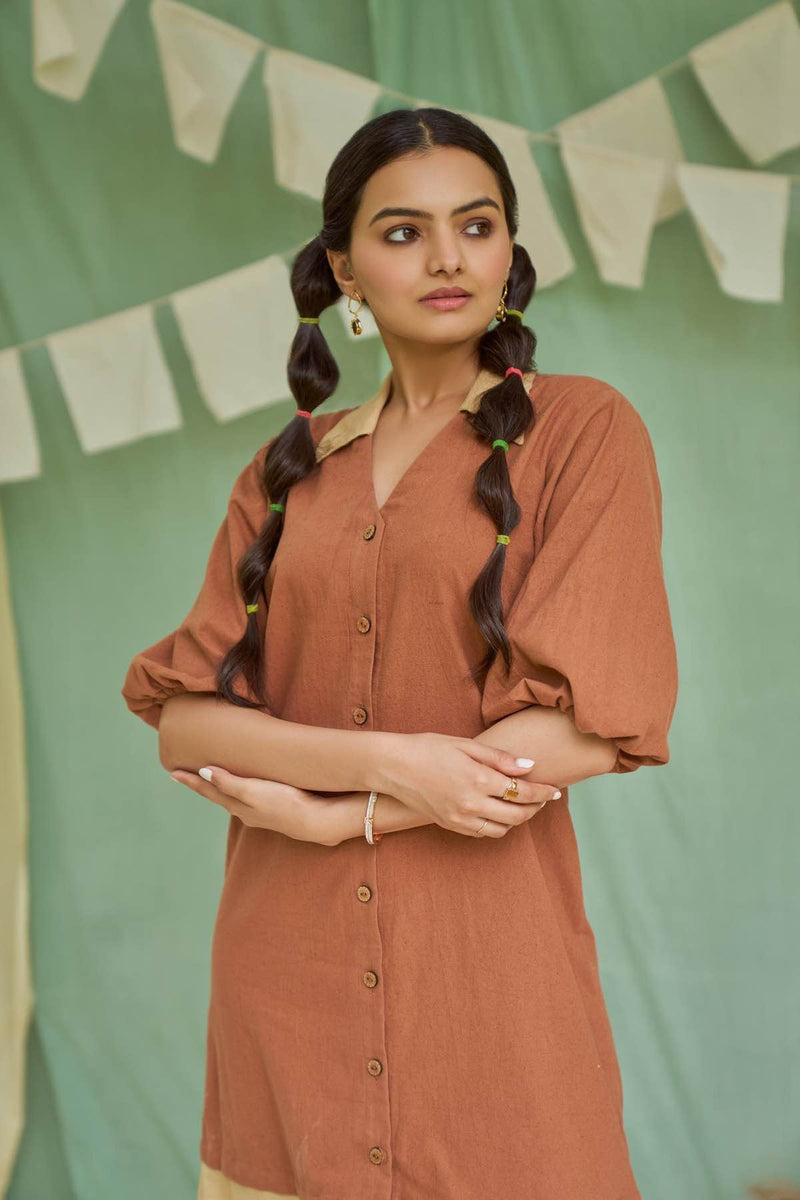 Raw Umber Detachable Kala Cotton Dress | Verified Sustainable Womens Dress on Brown Living™