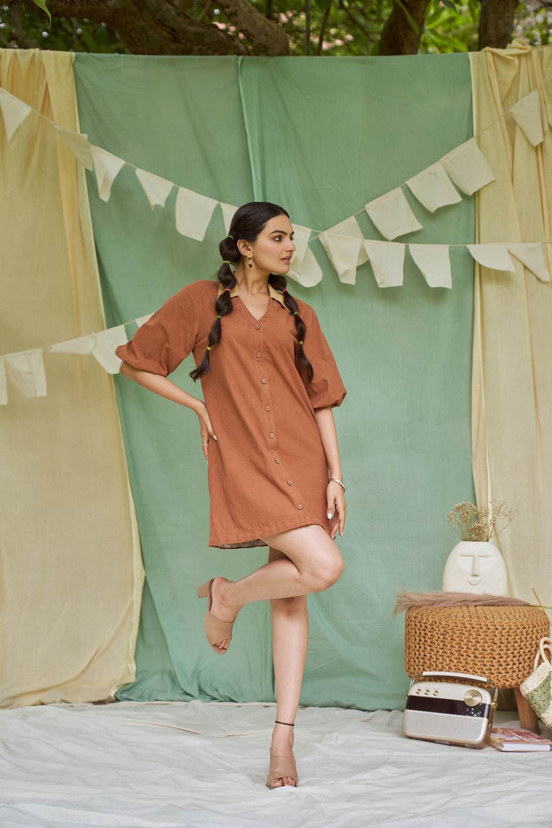 Raw Umber Detachable Kala Cotton Dress | Verified Sustainable Womens Dress on Brown Living™