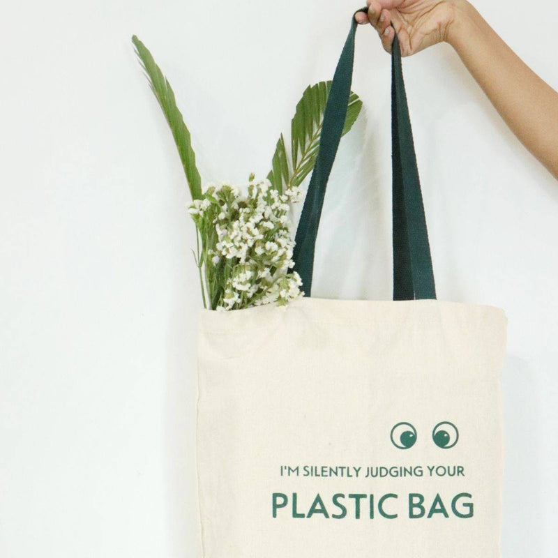 Buy Reusable Cotton Tote Bag- Silently Judging your Plastic Bag- Off White | Shop Verified Sustainable Tote Bag on Brown Living™