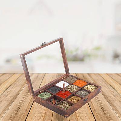 Buy Sheesham Wood table top 12 Compartment Spice Box with Spoon | Shop Verified Sustainable Kitchen Organisers on Brown Living™