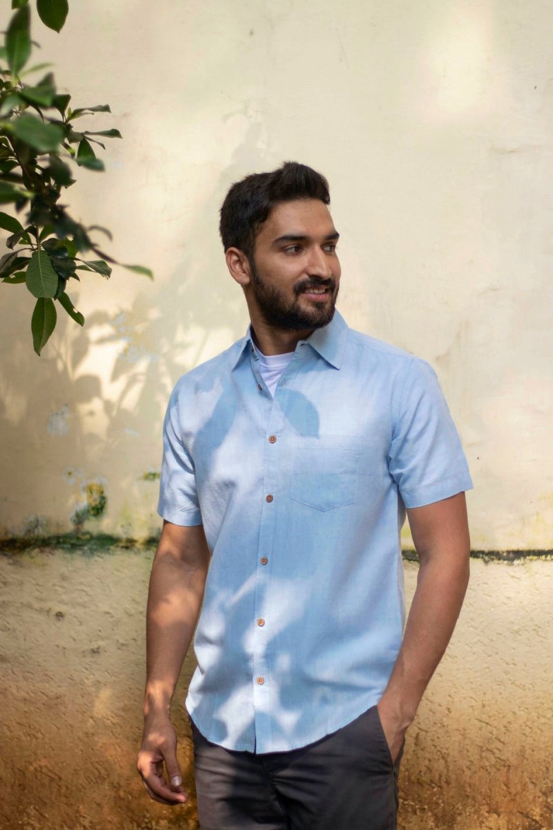 Buy TENCEL™ Lyocell-Linen Half Sleeve Shirt in Ice Blue | Shop Verified Sustainable Mens Shirt on Brown Living™