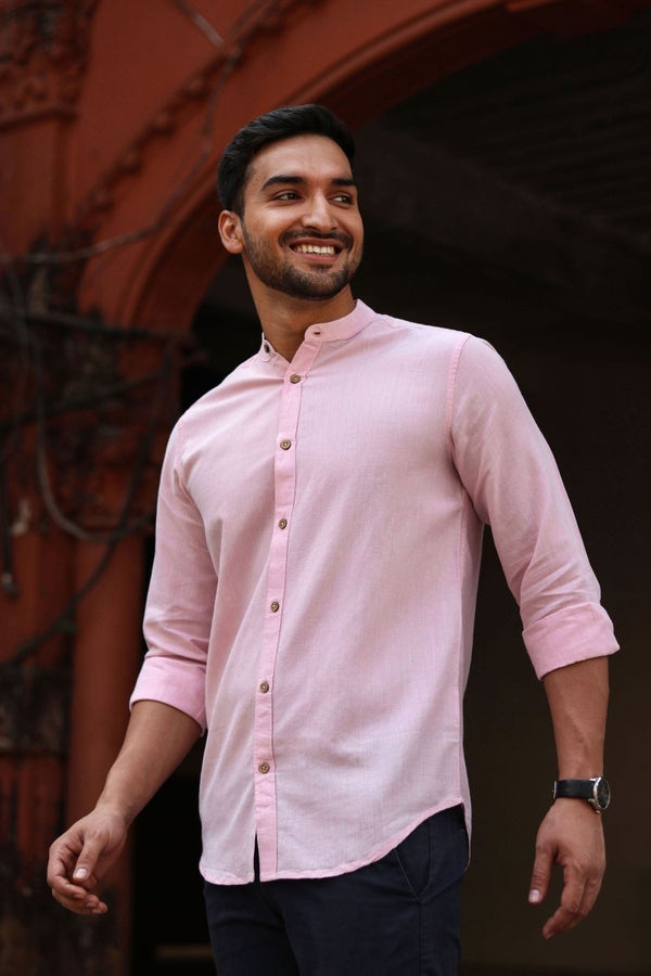 Buy TENCEL™ Lyocell-Linen Mandarin Collar Shirt in Charm Pink | Shop Verified Sustainable Mens Shirt on Brown Living™