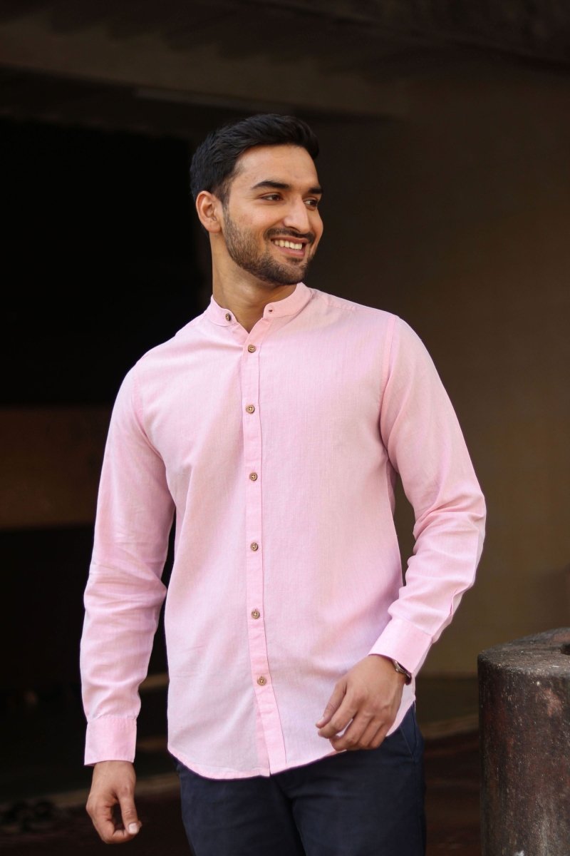 Buy TENCEL™ Lyocell-Linen Mandarin Collar Shirt in Charm Pink | Shop Verified Sustainable Mens Shirt on Brown Living™