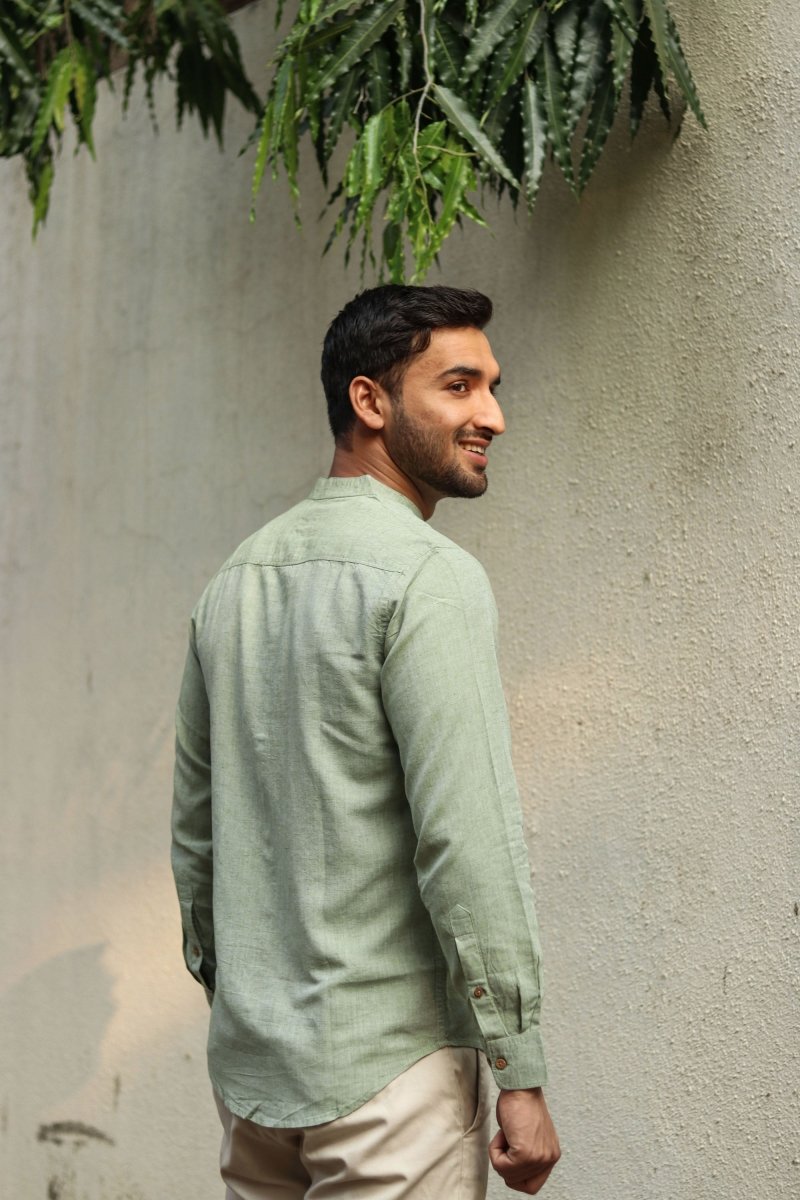 Buy TENCEL™ Lyocell-Linen Mandarin Collar Shirt in Military Green | Shop Verified Sustainable Mens Shirt on Brown Living™