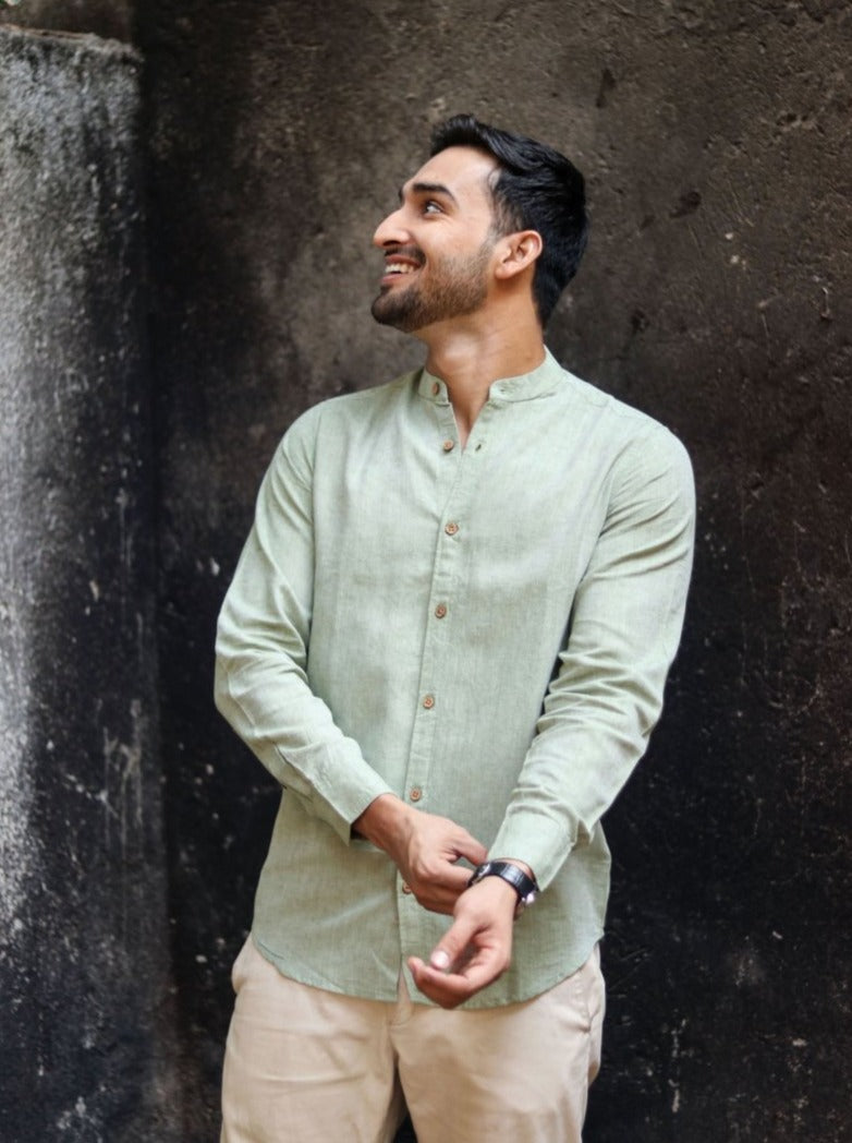 Buy TENCEL™ Lyocell-Linen Mandarin Collar Shirt in Military Green | Shop Verified Sustainable Mens Shirt on Brown Living™