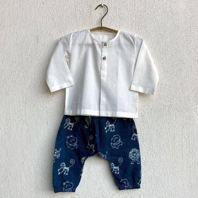 Buy White Kurta with Zoo Print Indigo Pants | Shop Verified Sustainable Kids Daywear Sets on Brown Living™