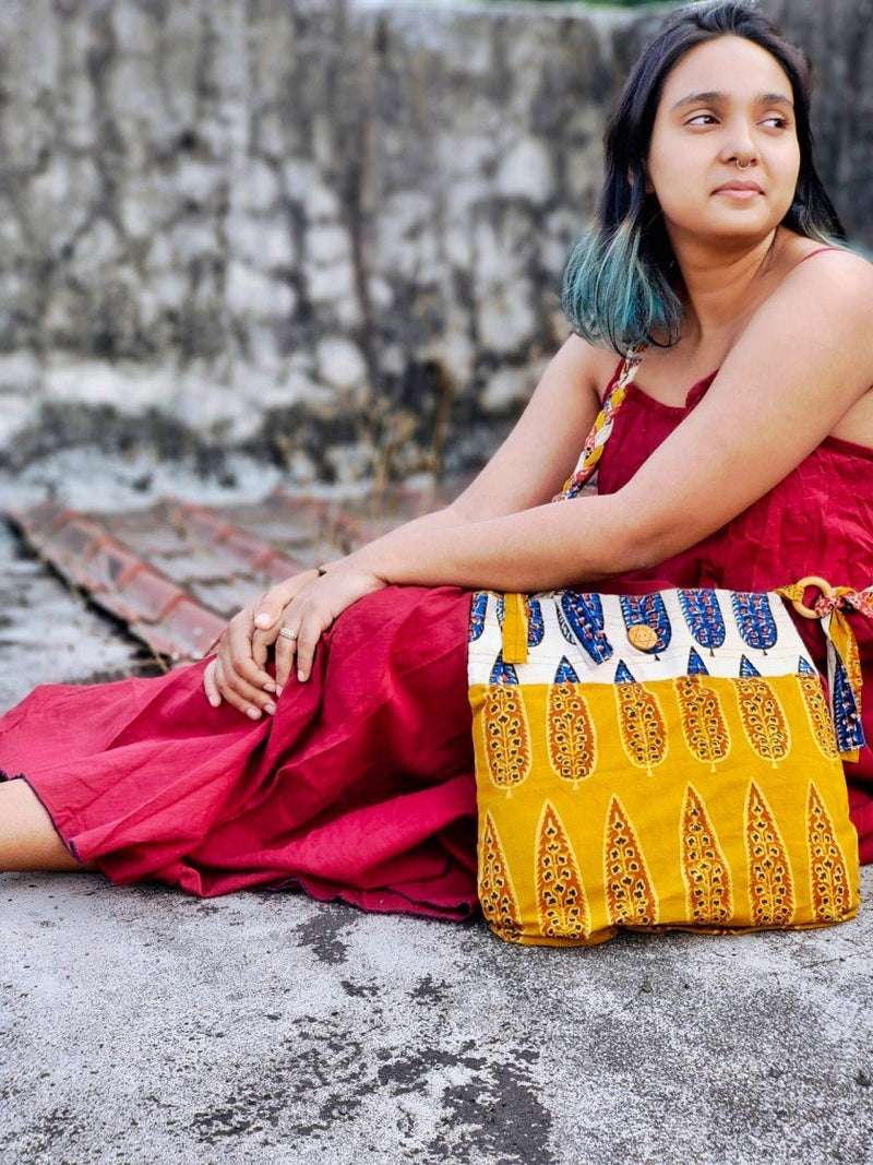 Buy Yellow & Off-White Hand Block Printed Braided Ethnic Sling Bags | Shop Verified Sustainable Tote Bag on Brown Living™